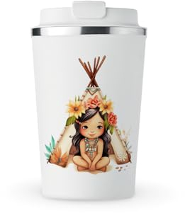 MAXIKIWI - Taza aislada de acero inoxidable de doble pared, a prueba de fugas, vaso de viaje para café o té con tapa, mantiene las bebidas calientes y frías, bebé nativa americana, 350 ml