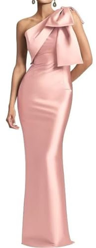 WSEYU Robe de bal asymétrique avec nœud sirène en satin Robe de cocktail longue moulante pour mère de la mariée, rose poudré, 42