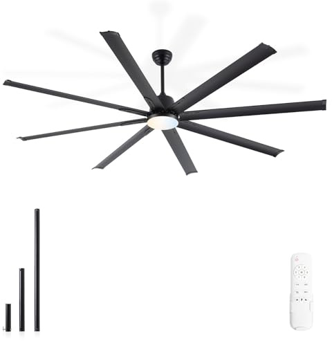Minislak 84lnch - Industrial Fan with Light and Remote Control, Large Cell Fan with 8 Black Aluminum Blades, Silent DC Motor with 6 Speeds
