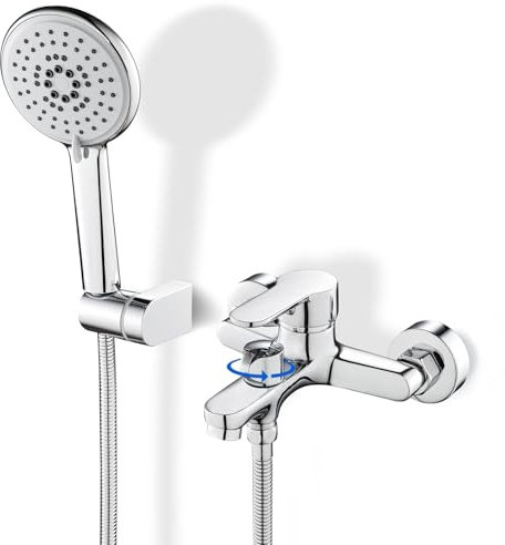 ROVOGO Badewannenarmatur mit 5-Funktionen Handbrause, Einhebel Wannenarmatur, Aufgerüstet Messing Drehbare Umsteller, Badewanne armatur mit Brausehalter und 150 cm Schlauch für Bad Dusche, Chrom