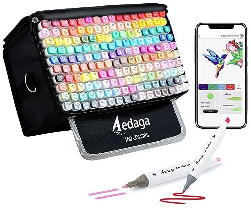 AEDAGA 160 Colours Alcohol Markers with Free App, Chisel and Fine Tips Alcohol Pens with Kickstand Case for Adults, Drawing Markers for Anime Manga Drawing and Sketching