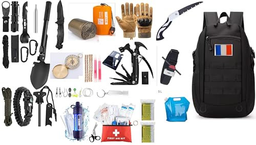 kit de Survie XXL + Trousse De Secours Ultra Complete - Mini Pelle Pioche Pliante - scie - Boussole - Paracorde - Couteau Pliant Multifonction - Allume Feu - Lampe Torche - Filtre à Eau - Garrot...