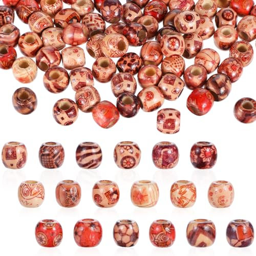 Andibro 200 Stück Gemalt Holz Perlen mit großem Loch,Holzperlen zum Auffädeln Natürliche HolzKugeln Verschiedene Muster Perlen Haarzopfperlen für DIY Halskette Armband Haarschmuck