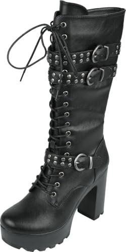Gothicana by EMP Damen Schwarze Schnürstiefel mit flachen Nieten und Plateau Absatz EU39