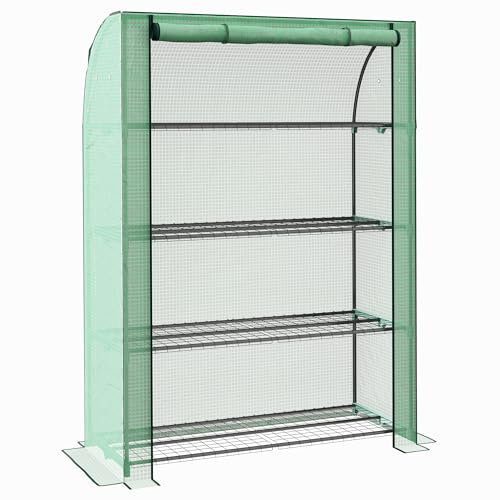 Outsunny Serre de Jardin PE avec étagères 4 Niveaux, Serre de Balcon, bâche renforcée 135 g/m², châssis en Acier, Porte zippée Enroulable, pour légumes Plantes Fleurs, 120 x 50 x 170 cm, Vert