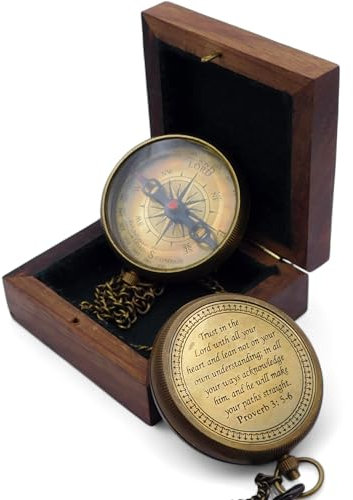 KHUMYAYAD – Messingkompass 'Vertrauen auf den Herrn' | Sprüche 3:5–6, inspirierender christlicher Kompass, Camping, Geschenk, mit Holzbox