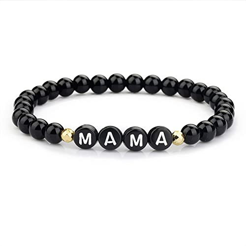 PULABO Mama-Armband für Frauen, handgefertigt, schwarzer Naturstein, Perlenarmband, Muttertag, Erntedankfest, Schmuck, Geschenk bequem