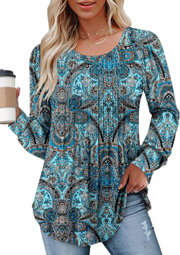 CHICZONE Long Puff Sleeve Shirts for Women Fall Tops Dressy Casual Blouses Pleated Crew Neck Tunic Tops for Leggings