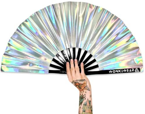 WONKIWEAR Fan, Folding Hand held, Luxury Holographic, Iridescent, Glitter, Large Strong Black Bamboo, Unisex for Raves, Festivals, Concerts, Drag Queen, Clack Fan, Gay Pride (Silver Iridescent)