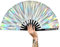 WONKIWEAR Fan, Folding Hand held, Luxury Holographic, Iridescent, Glitter, Large Strong Black Bamboo, Unisex for Raves, Festivals, Concerts, Drag Queen, Clack Fan, Gay Pride (Silver Iridescent)