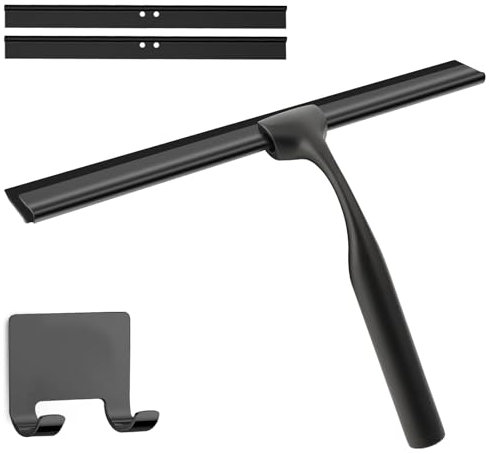 Hzyclzh Silikon Duschabzieher 25cm Schwarz,Abzieher Dusche mit Halter, Fensterabzieher mit Edelstahlkern, Badwischer für Glas, Spiegel, Fenster, Fliesen