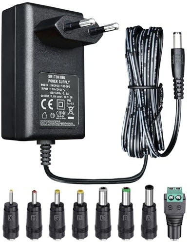 Netzteiladapter 9 V 1 A 9 W 1,8 m, AC/DC-Schaltadapter (Eingang 100 – 240 V, Ausgang 9 Volt 1 A), Transformatorstecker zur Wandmontage mit 8 austauschbaren Buchsen, CE-gelistet