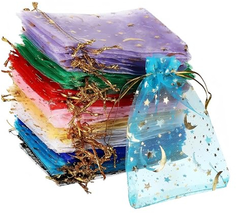 100 Pcs Moon Star Drawstring Organza Bags 7X9cm (10 Colors) | Mini jewelry storage pouches, lightweight sheer organza material, ideal for wedding, party, Christmas festival gifts