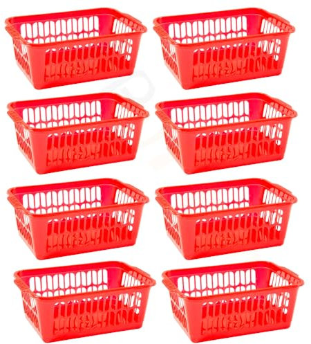 Set of 8 - Medium Plastic Storage Baskets | Office Home and Kitchen Handy Tidy Organiser, Plastic Shallow For Storage Shelf Baskets, Bathroom, School Classroom, Pharmacies 30 x 20 x 11 cm (Red)