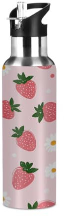 Woltant Pink Strawberries Daisy Vacuum Insulated Stainless Steel Water Bottle 600 ml Sports Water Bottle With Straw Leak-Proof for Work Travel Gym