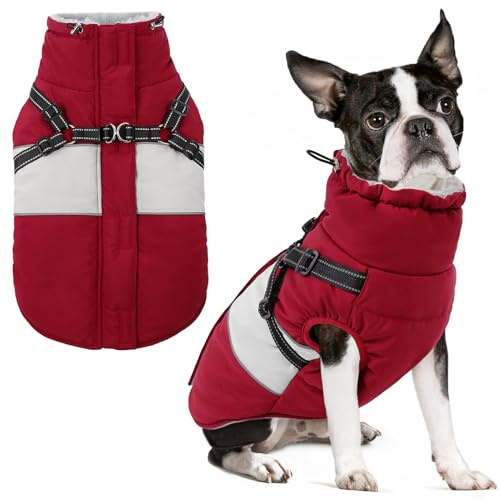 AOFITEE Hundemantel für Kleine Hunde, Wasserdicht Warme Hundejacke mit Geschirr, Winddicht Hunde Wintermäntel mit Reißverschluss & Fleecefutter, Reflektierend Welpen Winterweste,Rot XS