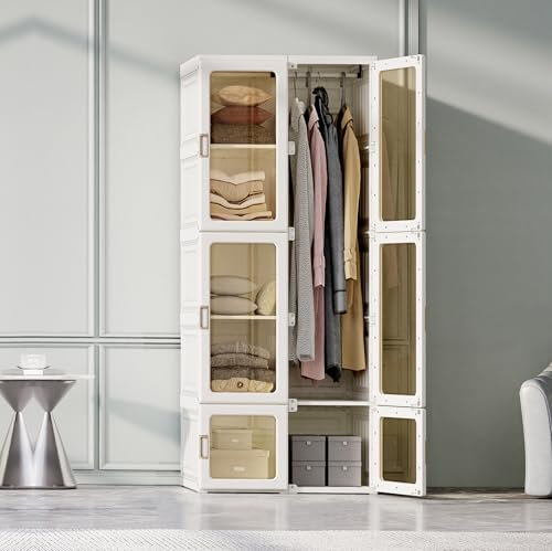 Armadietto armadio per camera da letto, armadio pieghevole, con 6 cubi, 1 asta per vestiti, porta di aspirazione magnetica trasparente, per abbigliamento, giocattoli, libri (bianco, 50 x 170 x 69)