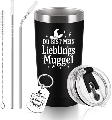 Diztoud Lustige Harry Geschenke, Du bist mein LieblingsMuggel, Geschenk für Freunde, Weihnachtsgeschenke für Fanartikel, Männer, 600ml Edelstahl Thermobecher mit Deckel, Strohhalm, Schlüsselanhänger