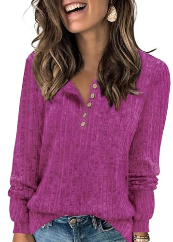 Tanmolo Damen Leichter Strickpullover Langarm Henley Tunika für Herbst | Weich Rippenstrick, Knöpfe-Henley-Design, Elegante Oberteile, Büro/Casual Langarmshirt, Lockere, Pflegeleicht, S-XXL
