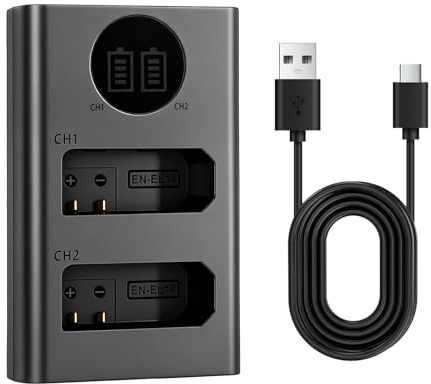 EN-EL14 EN-EL14a Battery Charger for Nikon - Dual Slot Travel USB Charger for Nikon D3500 D3200 D3400 DF D5300 Camera - With USB C/Micro Input