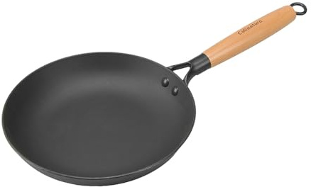 Culinatura - Poêle Fonte Légère Émaillée 20 cm - Noir/Bois | Anti-Adhésive, Pré-Culottée, Tous Feux, Induction, Manche Hêtre, Usage Professionnel, sans PFOA/PFAS/PTFE, Non Toxique