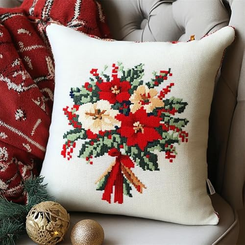 AxiangziK Punto Croce Kit Completo Ricamare Cuscino,Bouquet di Natale,Set per Cuscino Punto Croce con Ago da Ricamo e Filo da Ricamo,11CT Cross Stitch,45x45cm