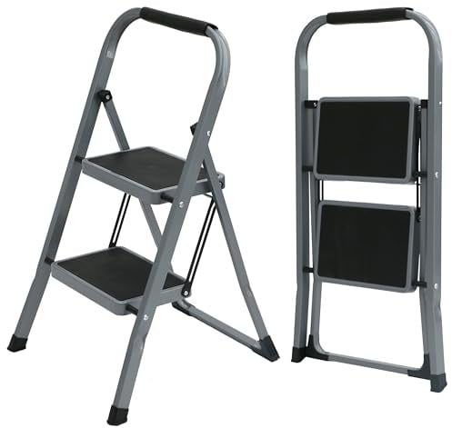 UZIRO Escalera Plegable 2 Peldaños -Estructura de Acero y Peldaño Antideslizante - Asa Superior de Goma - Escaleras Plegables Domésticas - Step Ladder para Hogar (Gris, 2 Pedaños)