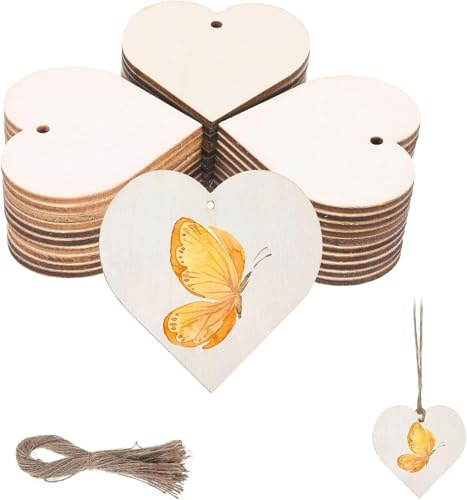 50 Stück Holzherzen Zum Beschriften Und Bemalen, Holzherzen Deko 8cm/3.15inch Herz Holz mit Loch, Natur Buchsbaum für Geschenkanhänger, DIY Basteln, Handgemachter Wandbehang