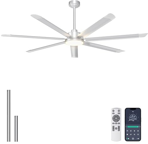 Ohniyou 72 Inch Ceiling Fans with Lights - Large Industrial Ceiling Fan with Remote/APP Control, 7 Aluminum Blades, Dimmable 3CCT, Quiet DC Motor, Big Ceiling Fan for Shop Outdoor Patio Garage, Silver