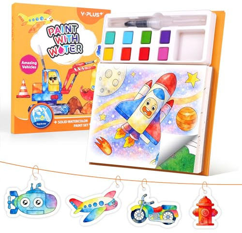 YPLUS Wassermalbuch für Kinder ab 3-6, 8 Farben Magisches Malen Fahrzeuge | Messfrei 8 Farben Würfel, Goldglitzer & Bastelblätter, Reisespielzeug ab 3