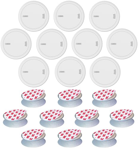 ABUS Rauchmelder Prefira 5 - Set mit 10 Rauchwarnmeldern zur Klebemontage - austauschbare 5-Jahres-Batterien, große Prüftaste und Fehlalarm-Reduzierung - 10er Pack inklusive Klebepad mit Magnet