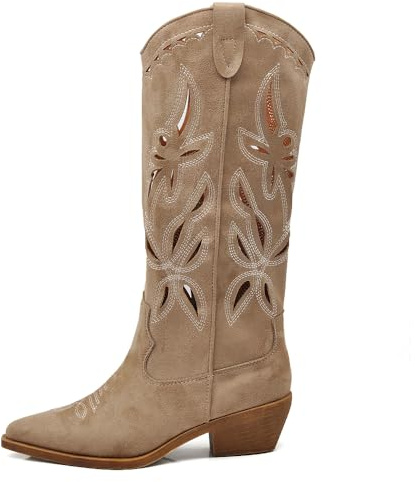 IF Stivali Alti Texani Donna Western in Pelle Sintetica Vegana, Design Traforato, Tacco Medio e Punta Affusolata