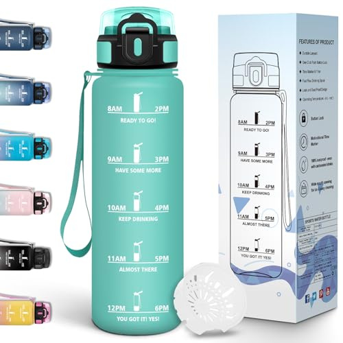 Motswedi Borraccia 1l, Borraccia Motivazionale, a Prova di Perdite, Bottiglia Palestra, Con marca temporale, Bottiglia Acqua per Sport, Università, Ufficio & Bicicletta - Blu&verde