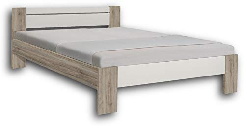 Stella Trading Vega Stilvolles Futonbett 140 x 200 cm - Komfortables Jugendzimmer Doppelbett in Eiche San Remo Optik, weiß - 145 x 61 x 204 cm (B/H/T)