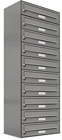 AL Briefkastensysteme 10er Briefkastenanlage Aluminiumgrau RAL 9007, Premium Briefkasten DIN A4, 10 Fach Postkasten modern Aufputz