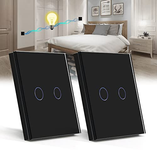 BSEED Lichtschalter 2 Fach 2 Weg Wandschalter gehärtetes Glas Touchscreen-schalter 86mm Unterputzschalter Schwarz - 2 pack(Nicht Smart Schalter)