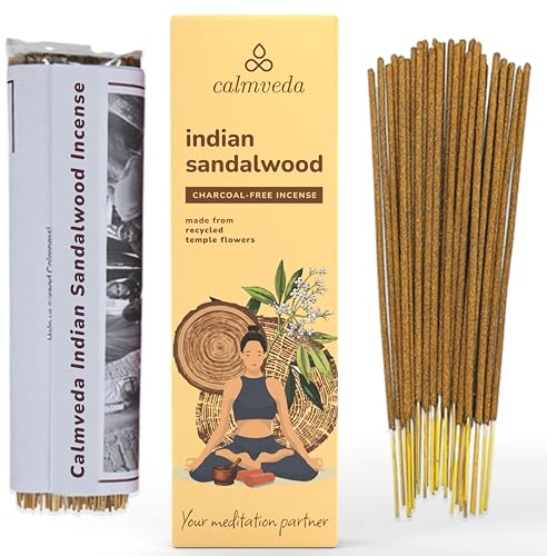 Baton Encens Bois de Santal - (80 batonnets encens Naturel) Batonnets d'encens Naturel sans Charbon, Fabriqués À Partir Fleurs Recyclées | Brule Non Toxiques | Utilisation pour Détente