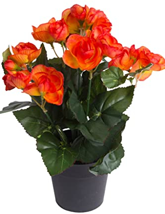 künstliche Begonie (Begonienbusch) mit 7 Stielen im schwarzen Kunststofftopf (orange)