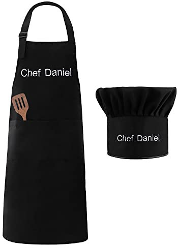 Set de delantal y gorro de cocina personalizados Delantal de cocina con peto ajustable y bolsillo Delantal de cocina Personalizado Chef Cocinando Horneando Regalo para Mujeres Hombres