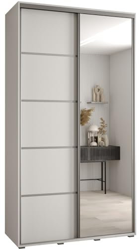 MEBLE KRYSPOL Davos 5 140 Schrank mit Zwei Schiebetüren für Schlafzimmer - Moderner Schrank mit Spiegel, Kleiderstange und Regalen - 235,2x140x45 cm - Weiß Weiß Silber