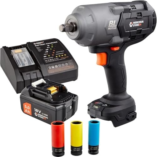 WS24 Akku Schlagschrauber 18V, 1/2 Zoll Aufnahme, bürstenloser Motor mit 950NM Drehmoment, inkl. 5Ah 18V Akku und Ladegerät, 3tlg. Steckschlüssel Set