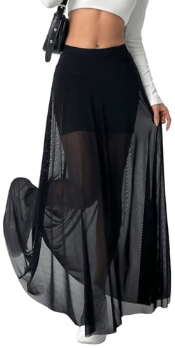 GORGLITTER Mesh Rock Damen Lang Mit Hose Drunter Maxirock Transparent 2 In 1 Durchsichtiger Festival Schwarz M