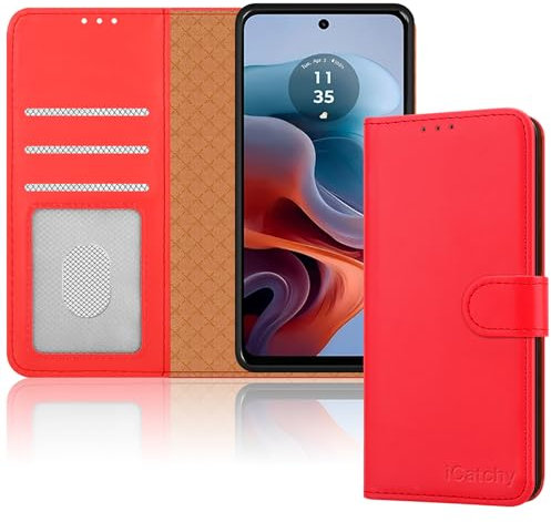 iCatchy for Motorola Moto G34 Case Leather Wallet Book Flip Folio Stand View Magnetic Protect RFID Blocking Cover Compatible with Motorola G34 5G Phone (Red)