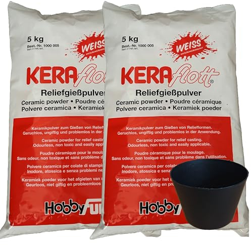 KERAflott Reliefgießpulver weiß 10 kg (2x 5 kg) mit Gipsbecher in schwarz (Durchmesser: 125 mm und Höhe 90 mm)