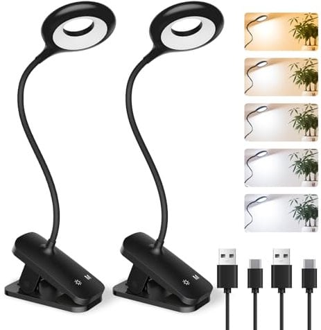 CUHIOY 2Pack Clip on Bed Light, Rechargeable, 5 Color & Brightness, Touch Control Headboard Lamp with Flexible Neck, Eye Protect USB-C Clamp Light for Home Office Desk (Black)