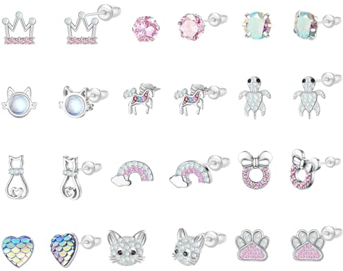 Jagosen 12 Paar Ohrringe Set für Damen, Kinder & Teenager - Sterling Silber, Hypoallergene Cz, Bunt, Katzen, Pferde, Regenbogen Ohrstecker