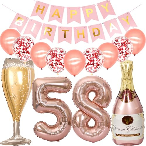 Feelairy Luftballon 58. Geburtstag Deko Frau, Rosegold Folienballon Weinflasche Sektflasche Helium Ballon Champagner Flasche, Girlande Happy Birthday Deko für Geburtstagsdeko 58 Jahre Frauen