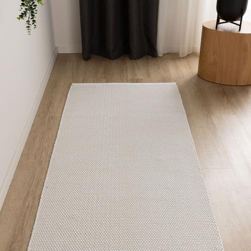 Interiyou handgewebter Baumwollteppich Riga - 80x300 cm Weiß - Handwebteppich für Wohnzimmer, Schlafzimmer - 100% Handarbeit Naturfaser Teppich Flachgewebe