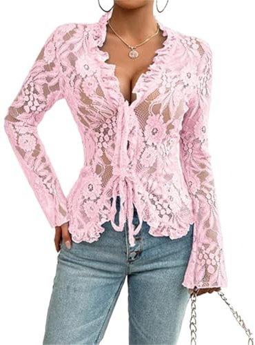 Carolilly Women's Floral Lace Long Sleeve Flared Top Transparent Sexy Trendy Sheer Basic Tie Front Shirt Blouses for Club Streetwear (Pink, L)