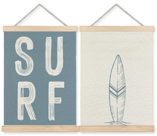 BearCake Surf Room Decor, Coastal Beach Surf Wall Art Poster Hanger Frame, Beach House Decor, Vintage Blue Surfboard Canvas Prints Framed Wall Decor for Home Bedroom Living Room, 12x16 Inch Set of 2